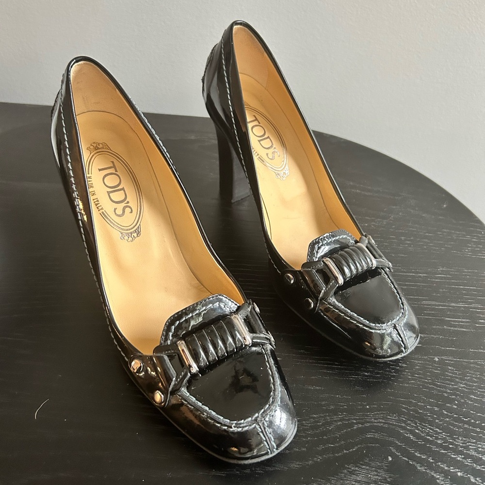 Tod’s Patent Leather Driving Loafer Style Heels